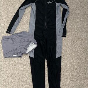 Black and Gray Full-Body Swimsuit with Shorts